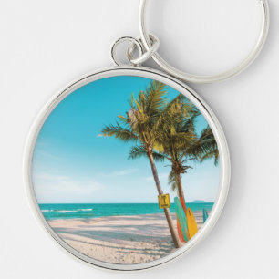 Surf boards on beach throw pillow key ring