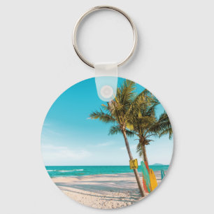 Surf boards on beach throw pillow key ring