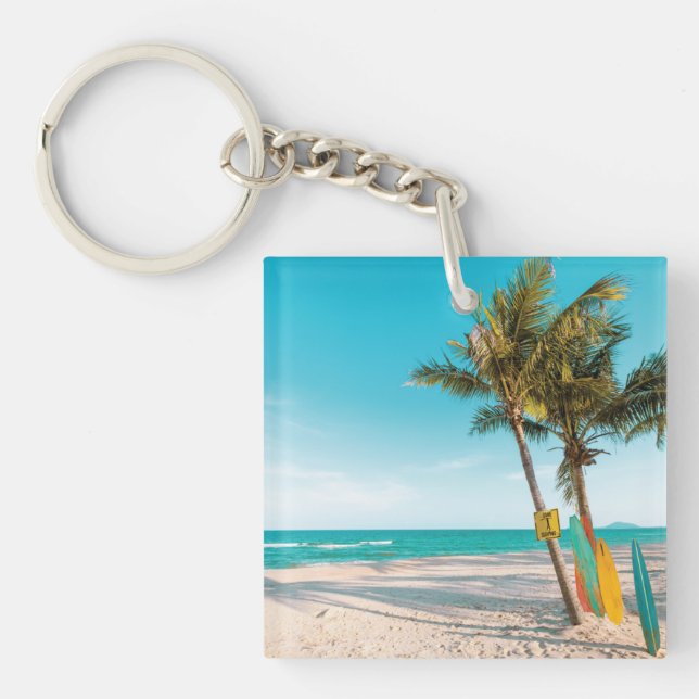Surf boards on beach throw pillow key ring (Front)