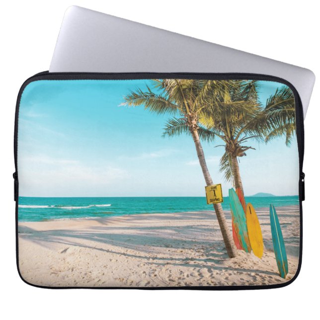 Surf boards on beach throw pillow laptop sleeve (Front)