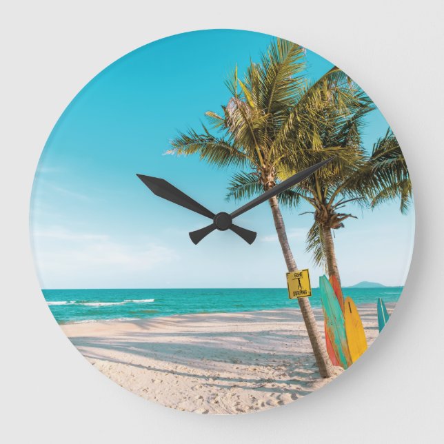Surf boards on beach throw pillow large clock (Front)