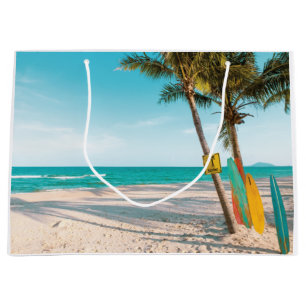 Surf boards on beach throw pillow large gift bag