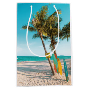 Surf boards on beach throw pillow medium gift bag