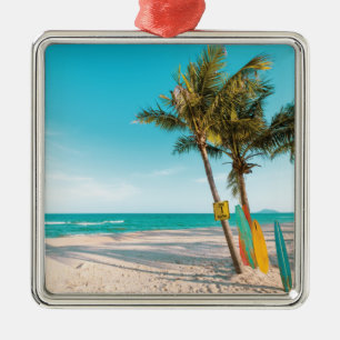 Surf boards on beach throw pillow metal tree decoration