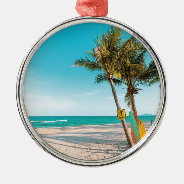 Surf boards on beach throw pillow metal tree decoration (Front)