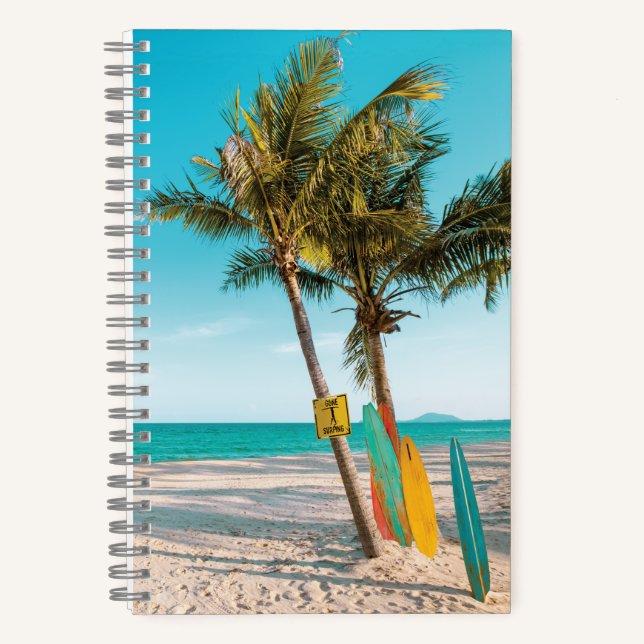 Surf boards on beach throw pillow notebook (Front)