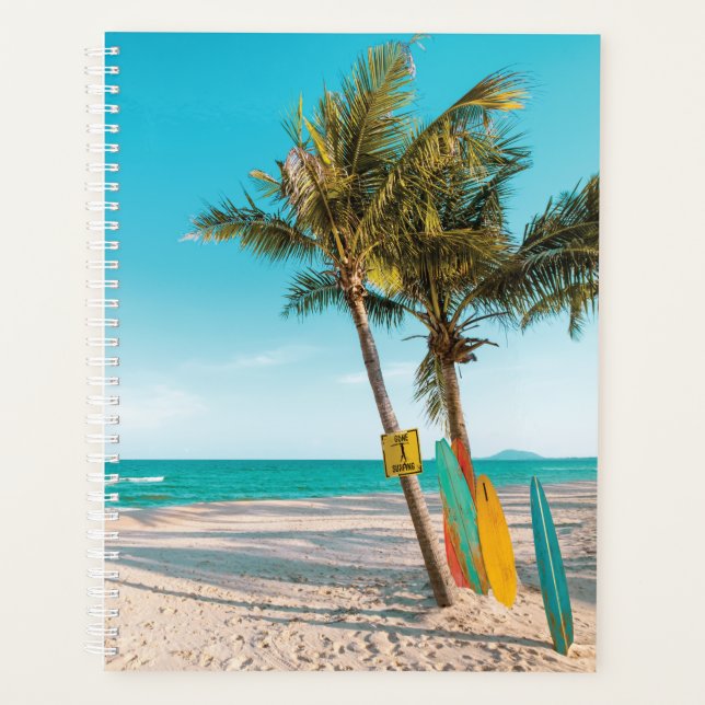 Surf boards on beach throw pillow planner (Front)