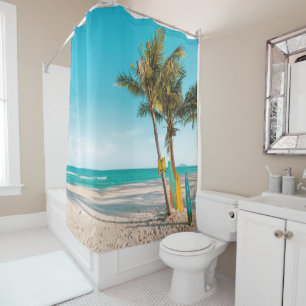 Surf boards on beach throw pillow shower curtain