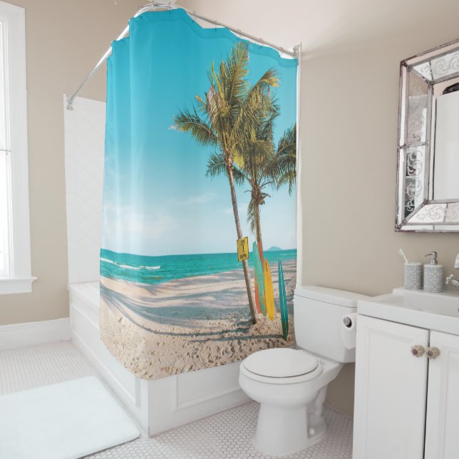 Surf boards on beach throw pillow shower curtain (In Situ)