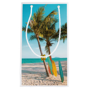 Surf boards on beach throw pillow small gift bag
