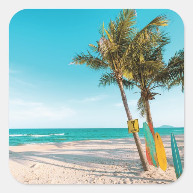 Surf boards on beach throw pillow square sticker (Front)