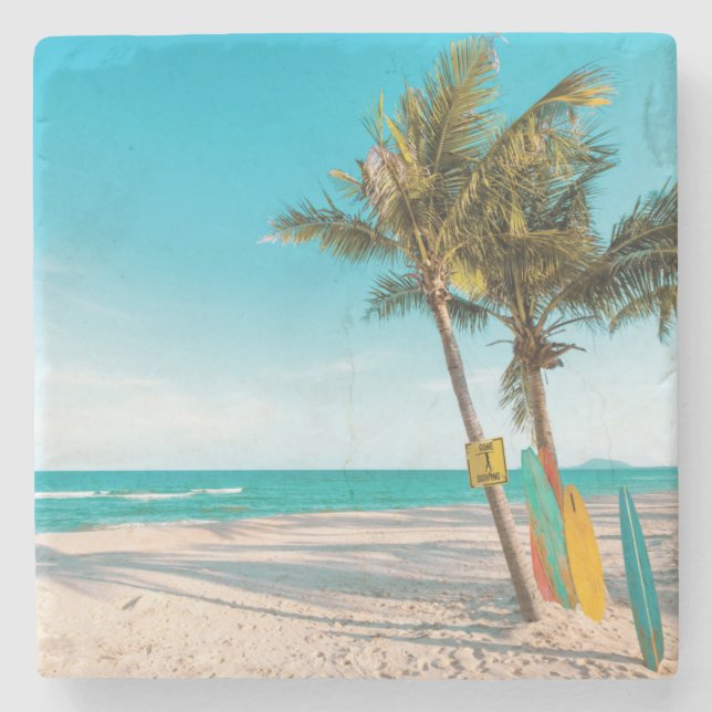 Surf boards on beach throw pillow stone coaster (Front)