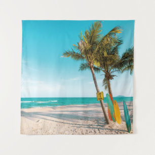 Surf boards on beach throw pillow tapestry