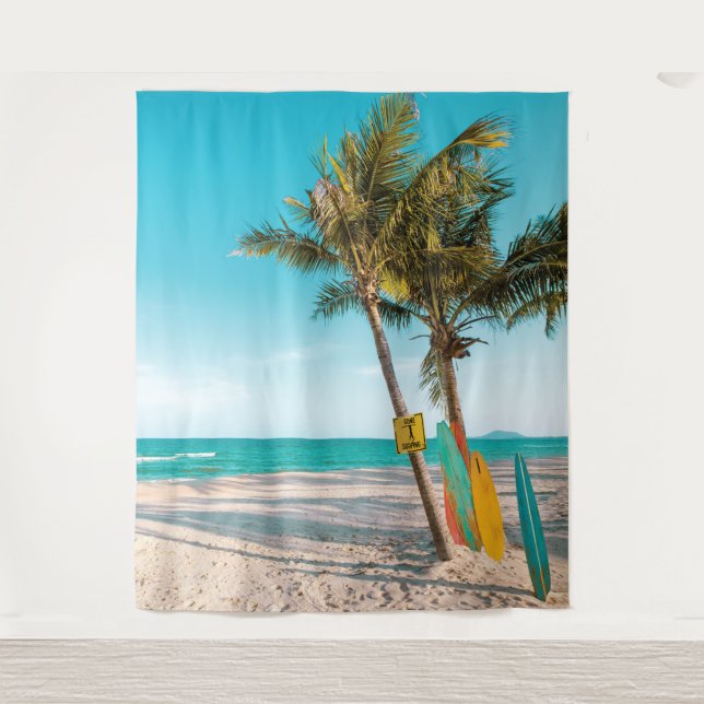 Surf boards on beach throw pillow tapestry (Front)