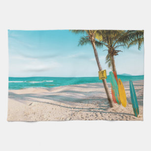Surf boards on beach throw pillow tea towel