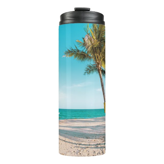 Surf boards on beach throw pillow thermal tumbler (Front)