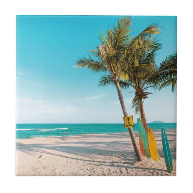 Surf boards on beach throw pillow tile (Front)