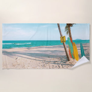 Surf boards on beach throw pillow towel