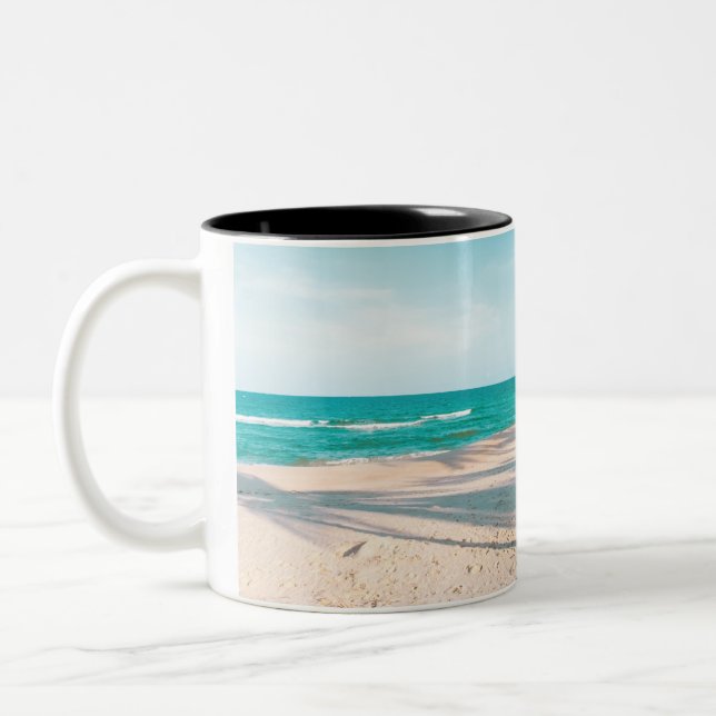 Surf boards on beach throw pillow Two-Tone coffee mug (Left)