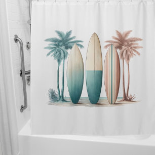 Surf boards palm trees retro green yellow shower curtain