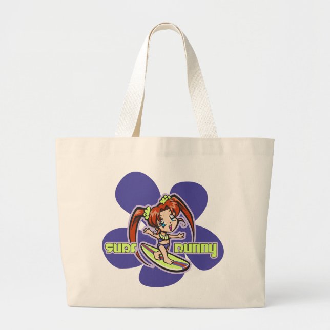 Surf Bunny Surfer Girl Cartoon Large Tote Bag (Front)