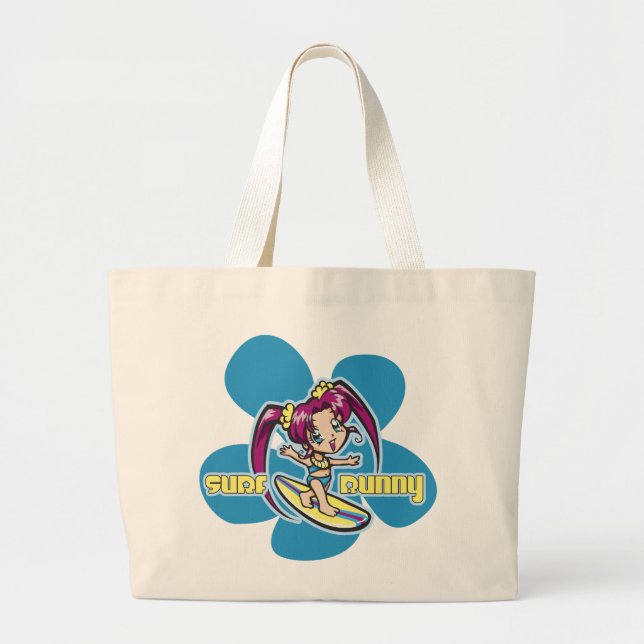 Surf Bunny Surfer Girl Cartoon Large Tote Bag (Front)