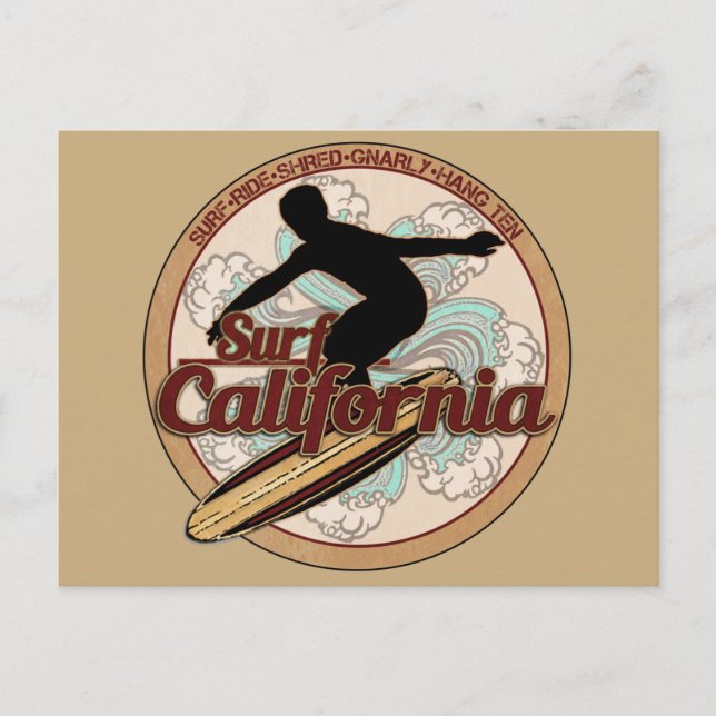 Surf California vintage surfboard logo postcard (Front)