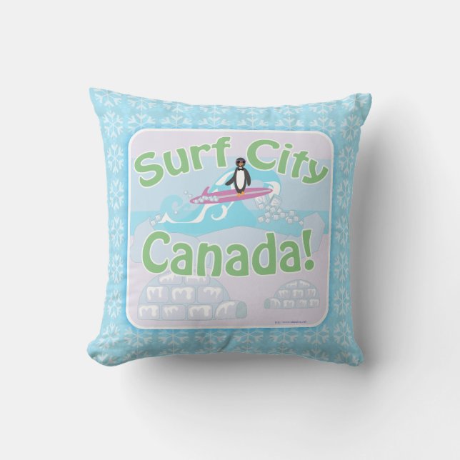 Surf City Canada Fun Penguin Cartoon Cushion (Front)