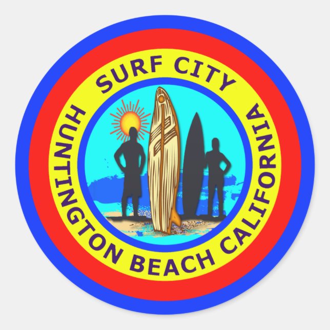SURF CITY HUNTINGTON BEACH CALIFORNIA CLASSIC ROUND STICKER (Front)