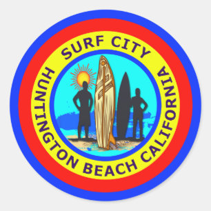 SURF CITY HUNTINGTON BEACH CALIFORNIA CLASSIC ROUND STICKER