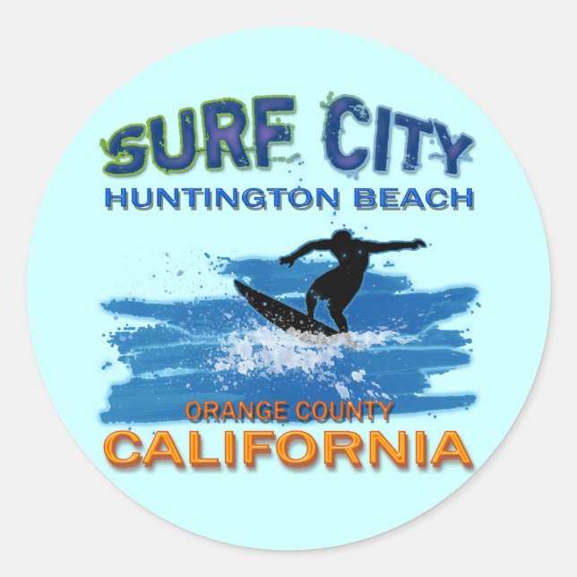 SURF CITY HUNTINGTON BEACH CLASSIC ROUND STICKER (Front)