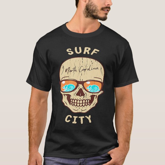 Surf City NC Summertime Vacationing Skull Sunglass T-Shirt (Front)