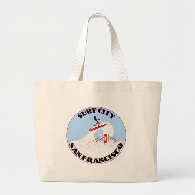 Surf City San Francisco Funny Travel Cartoon Large Tote Bag (Front)