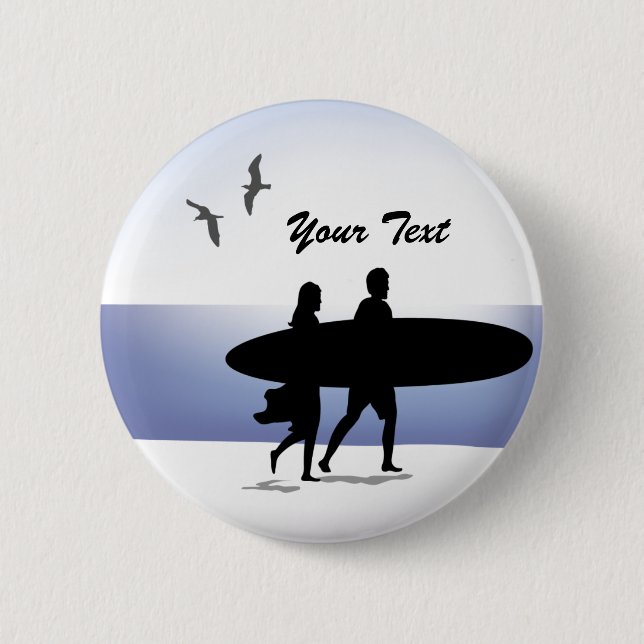 Surf Couple on the Beach Pin Back Button (Front)