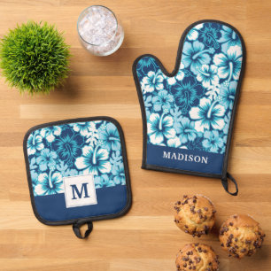 Surf Floral Hibiscus Pattern Oven Mitt & Pot Holder Set