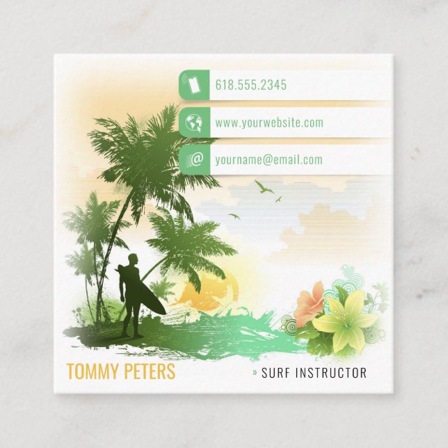 Surf Instructor |  Surfboard Active Vacations Square Business Card (Front)