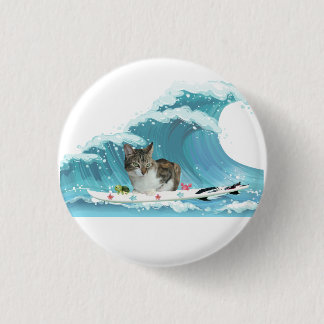 Surf Kitty Grey Tabby Rides the Wave 3 Cm Round Badge