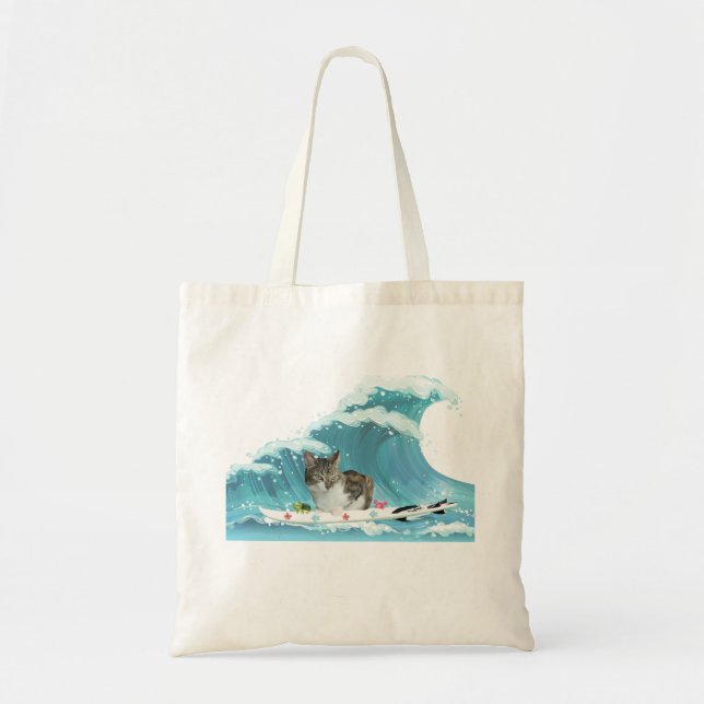 Surf Kitty Grey Tabby Rides the Wave  Tote Bag (Front)