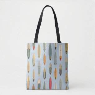 Surf Life Retro Coastal Blue Surfboard Print Beach Tote Bag