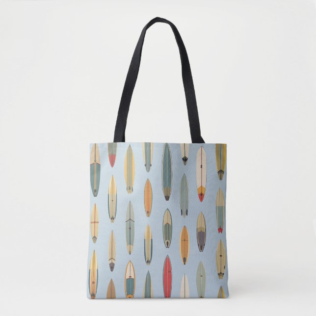 Surf Life Retro Coastal Blue Surfboard Print Beach Tote Bag (Front)