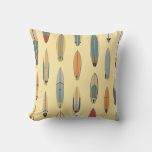 Surf Life   Retro Coastal Surfboard Print Yellow Cushion