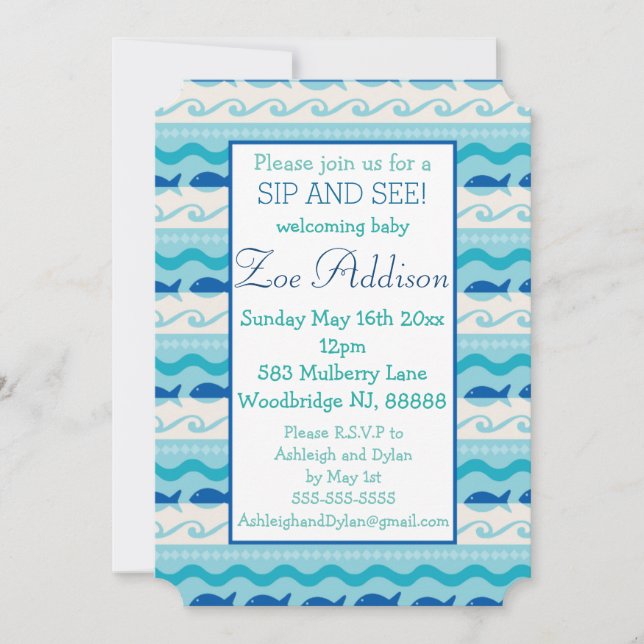 Surf 'N Fishies Nautical Baby Sip and See Invitation (Front)