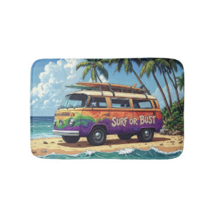 Surf Or Bust Groovy Retro Hippie Surfer Beach Bus Bath Mat