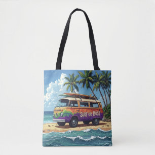 Surf Or Bust Groovy Retro Hippie Surfer Beach Bus Tote Bag