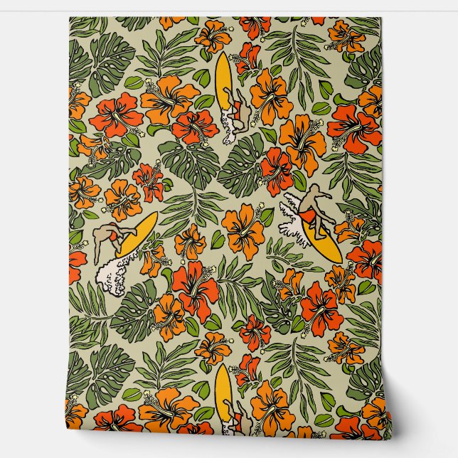 Surf Pareau Hawaiian Hibiscus Surfing Warm Multi Wallpaper (Unrolling)