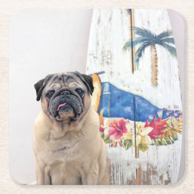 Surf Pug Square Paper Coaster (Front)