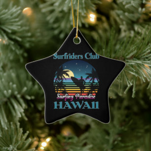 Surf riders Club, Surfing Paradise, Hawaii Ceramic Tree Decoration