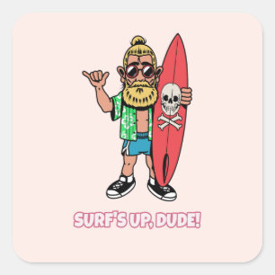 Surf’s Up Dude Bearded Cartoon Surfer Square Sticker