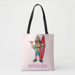 Surf’s Up Dude Bearded Cartoon Surfer Tote Bag