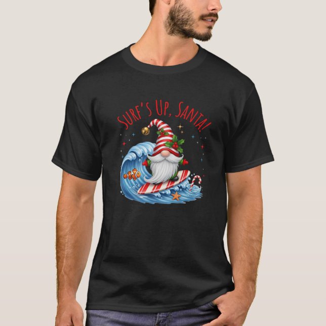 Surf s Up Santa Funny Christmas Gnome Premium  T-Shirt (Front)